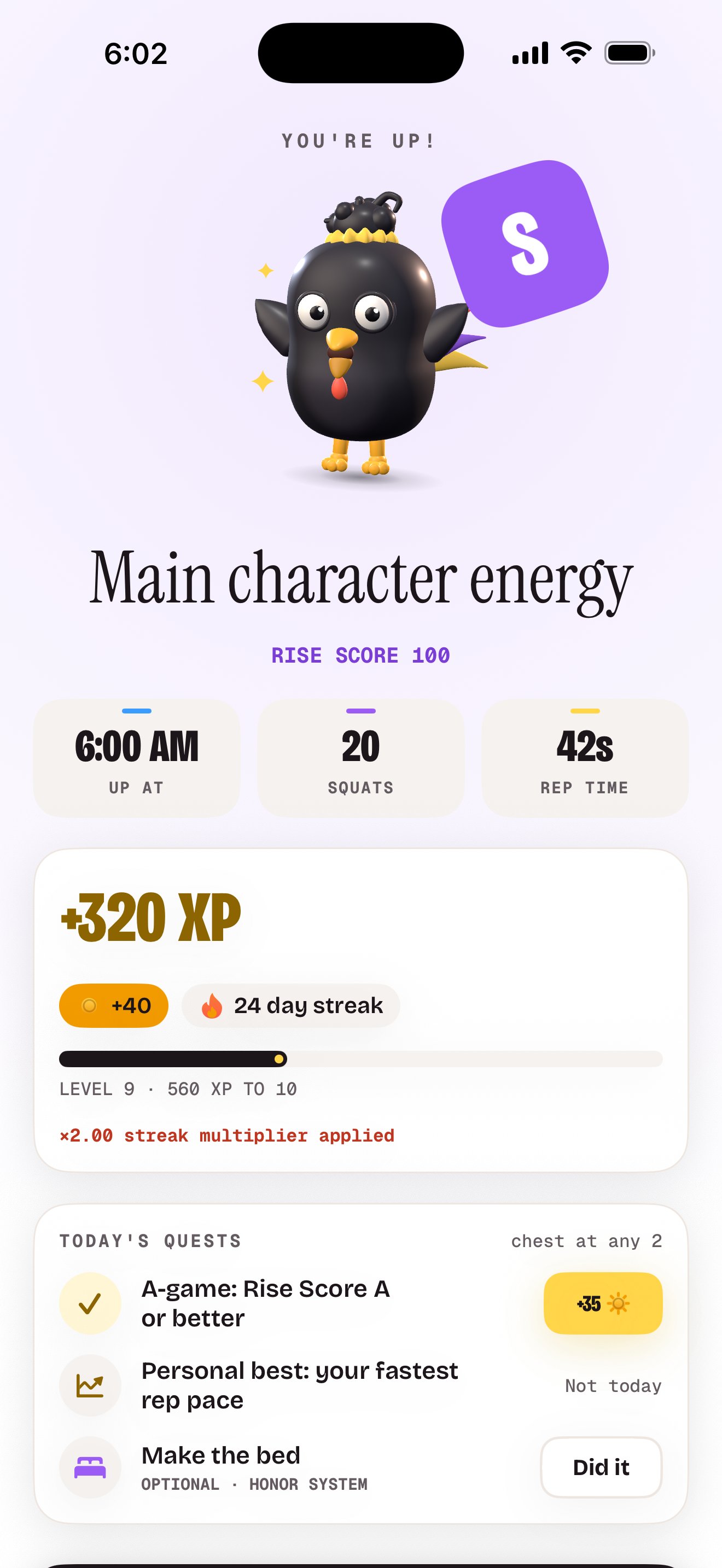 The wake-up summary after the reps: up at 6:00 AM, 20 squats, a Rise Score of 100 graded S, and the XP earned.
