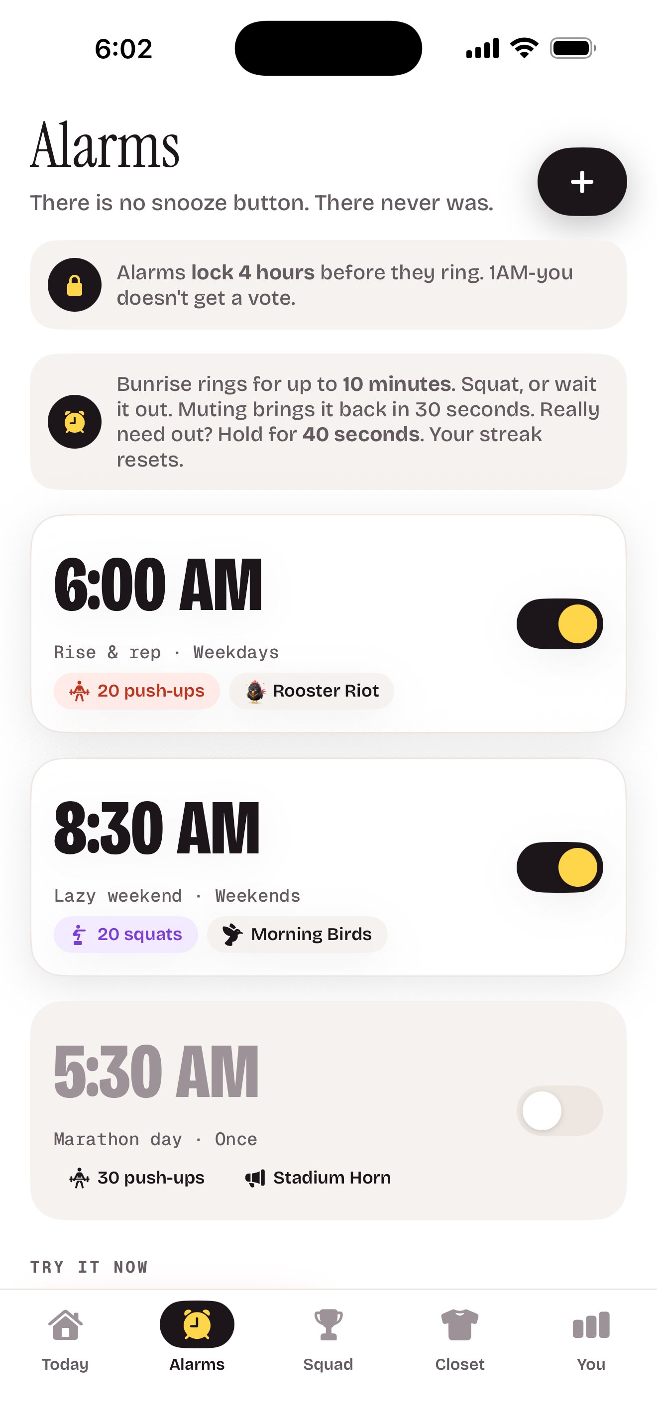 The Alarms tab: a note that alarms lock 4 hours before they ring, the 10-minute rule, and each alarm with its time, move, reps and sound.
