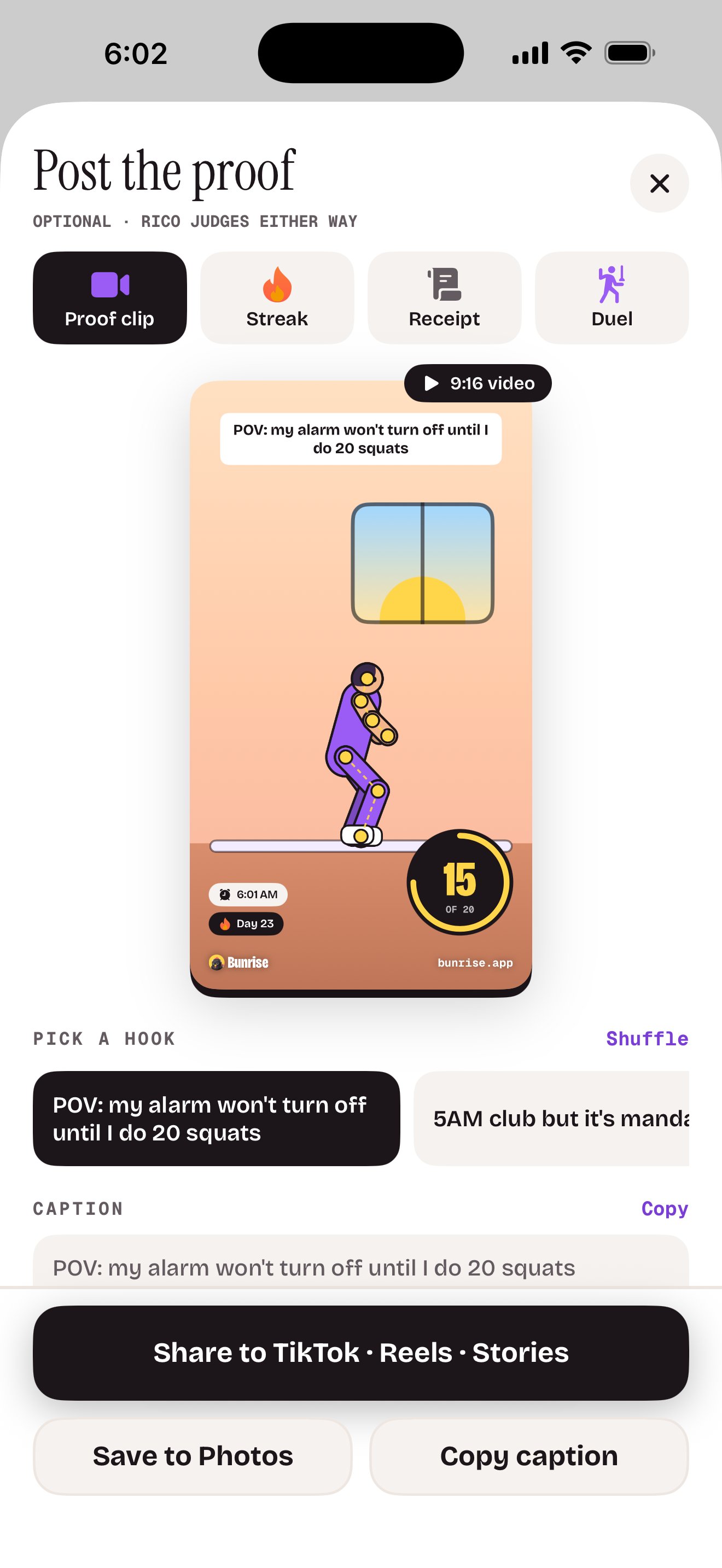 The share screen with a vertical proof clip of 20 squats, a hook picker and a caption, ready to post or save.